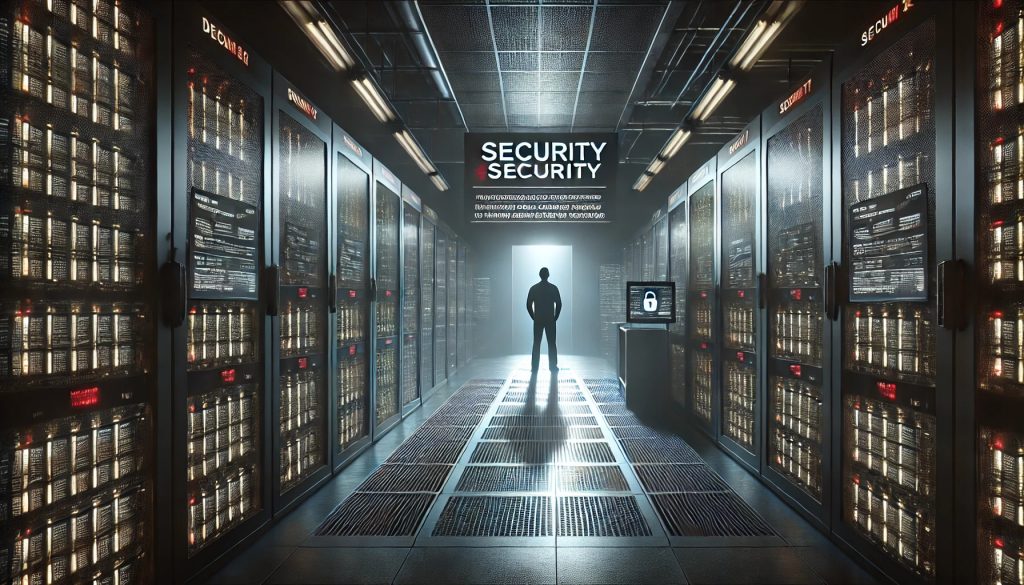 A realistic scene of a dark server room with security systems where a person is implementing strong security protocols. The wide shot captures the entire room, dimly lit with ambient lighting casting harsh shadows. Digital code and security warnings are visible on the screens.