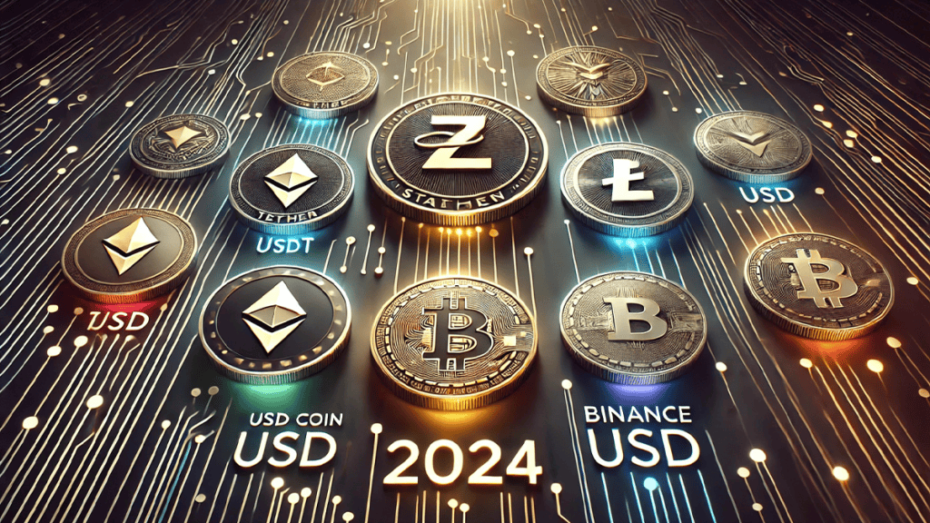 A collection of various cryptocurrency coins including Bitcoin, Ethereum, USD Coin, and Binance USD displayed against a digital circuit background, highlighting the variety of stablecoins in 2024.