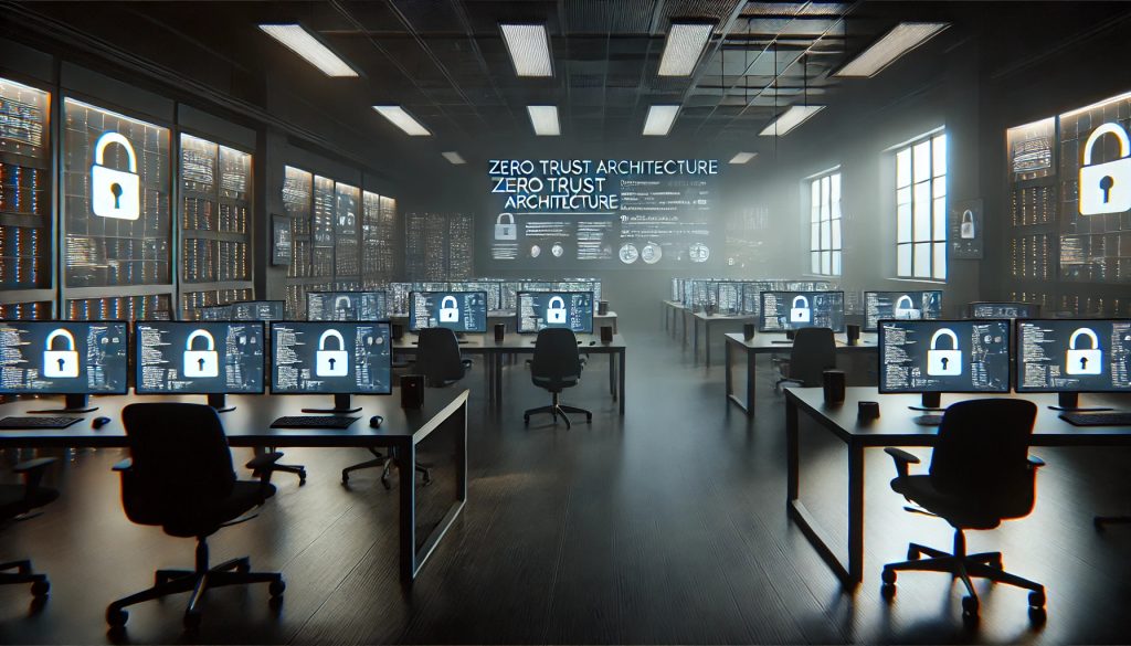 A realistic scene of a dark office setting showcasing the concept of Zero Trust Architecture. The image displays a wide shot of the entire room with dim ambient lighting casting harsh shadows. Monitors display digital code and security warnings, emphasizing the importance of cybersecurity.