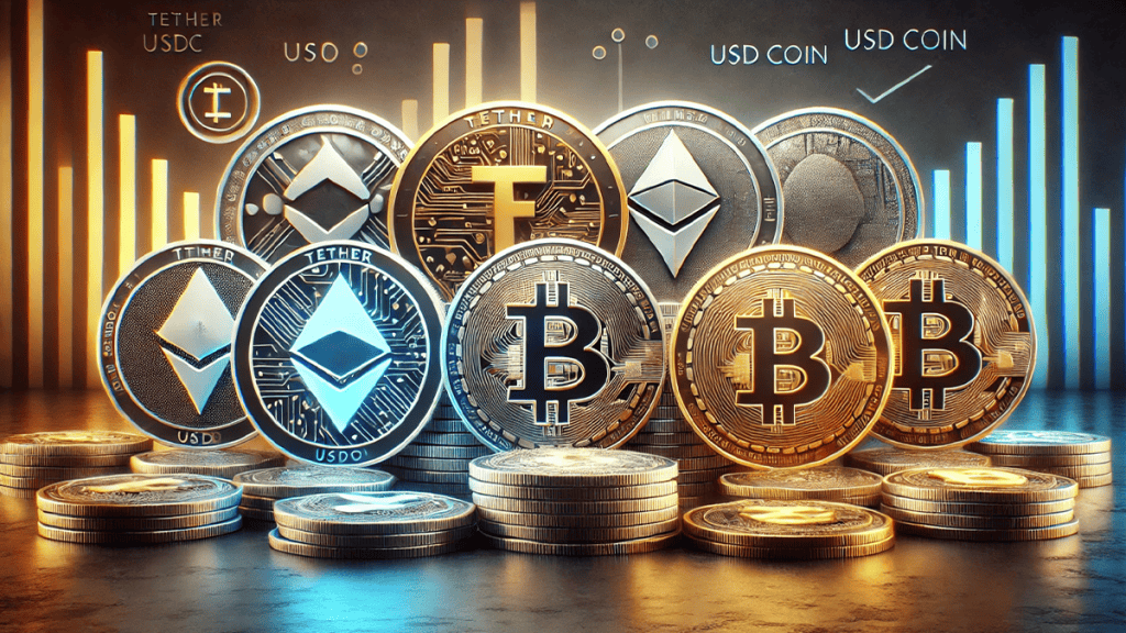 A group of stablecoins including Tether, Ethereum, Bitcoin, and USD Coin with graphical representations of their market trends in the background.