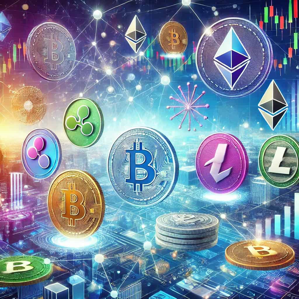 A dynamic digital marketplace environment showcasing a variety of altcoins. The scene includes colorful cryptocurrency symbols like Ethereum, Ripple, and Litecoin, floating in a futuristic digital landscape with charts, graphs, and backgrounds representing innovation and technology.