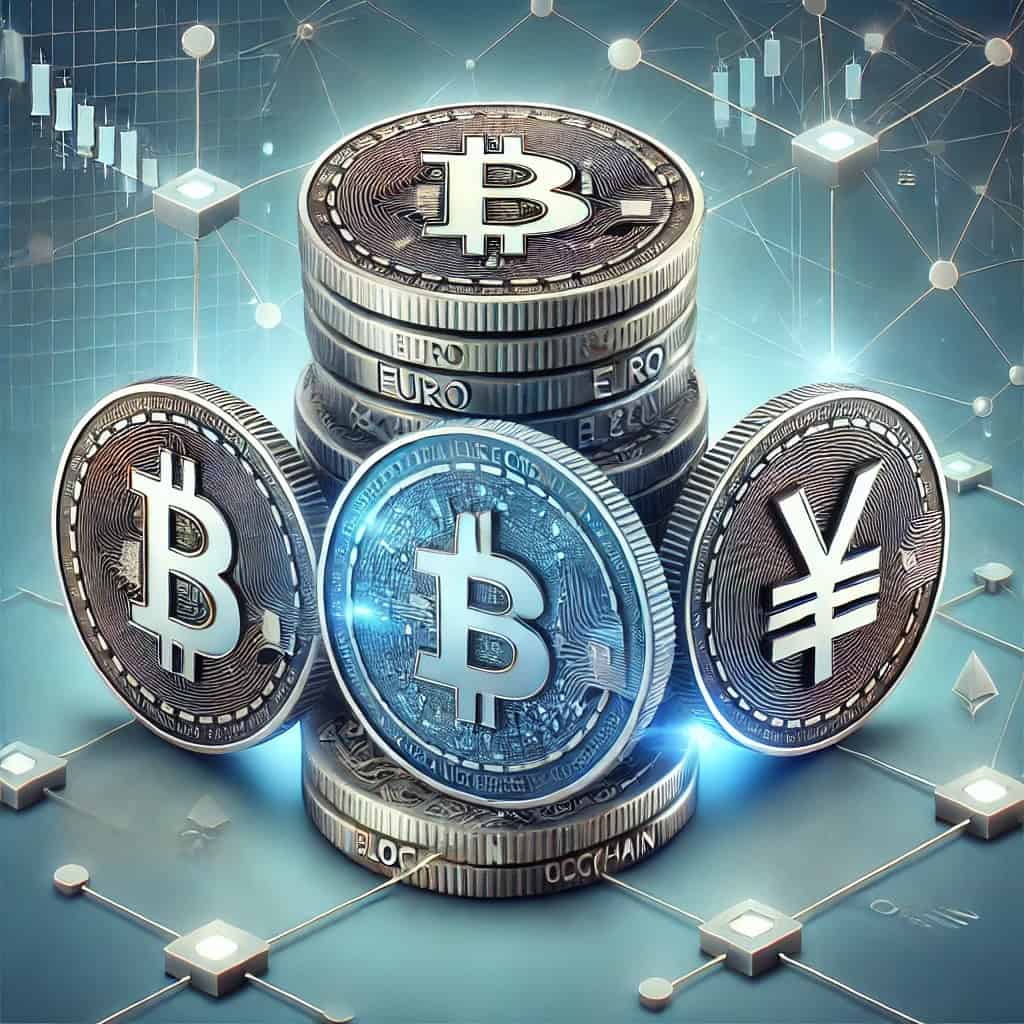 A visual representation of a stablecoin in the cryptocurrency market, it is a digital coin with symbols of various fiat currencies, such as the US dollar, euro, and yen, interconnected with blockchain symbols. The coins are arranged in a balanced and stable arrangement against a backdrop of a network of nodes and lines representing blockchain technology. The overall color scheme is modern and tech-inspired with shades of blue and silver.