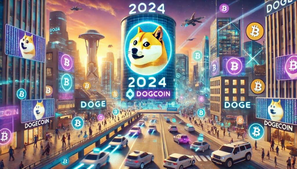 A vibrant futuristic cityscape in 2024 with the Dogecoin symbol on billboards and digital screens. The scene features advanced technology, flying cars, people using holographic devices, and a giant Dogecoin logo integrated into a modern skyscraper.