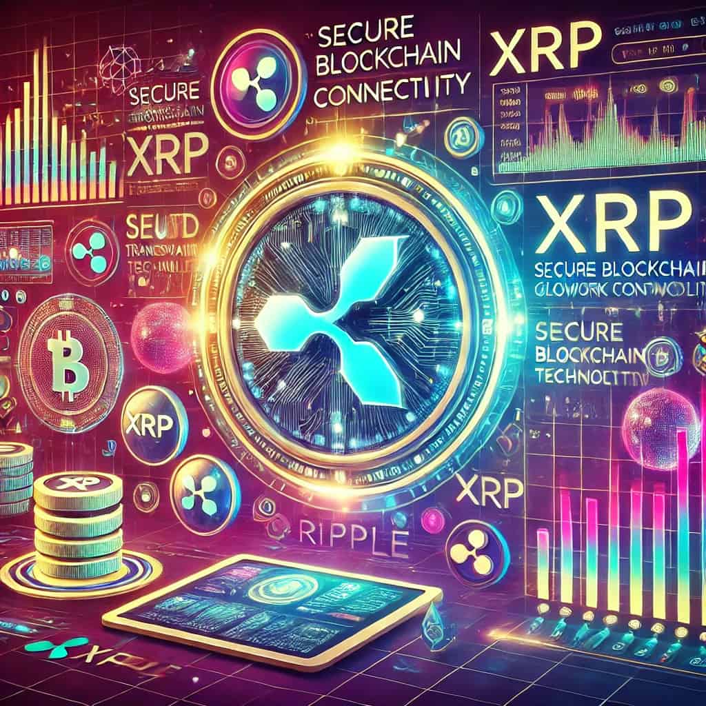 A futuristic visual representation of XRP (Ripple) with a digital interface showing XRP transactions and value charts, the Ripple logo, secure blockchain technology, global network connectivity, digital wallets, and a sleek financial technology background.