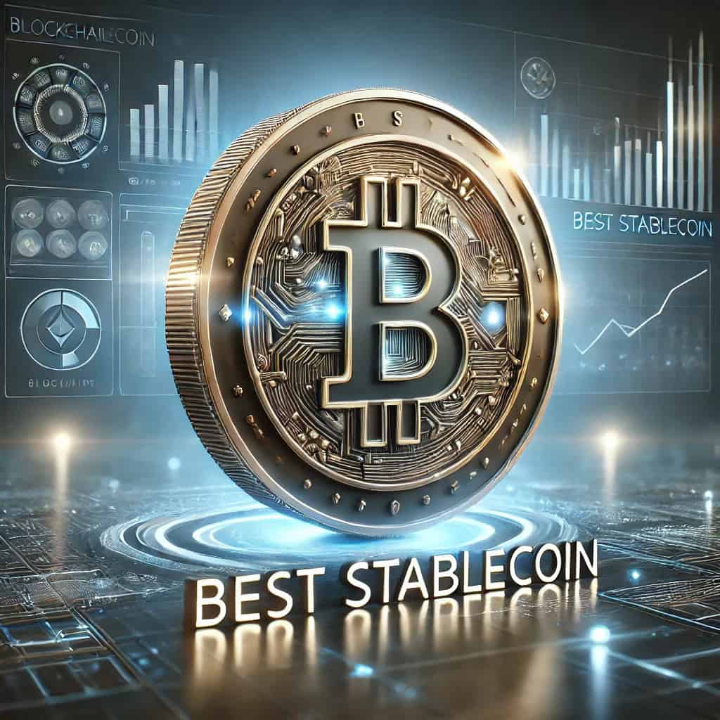 A shiny digital coin that reads "Best Stablecoin" surrounded by a futuristic background with blockchain symbols, charts, and graphs, with blue and silver tones to create a modern and trustworthy feel.