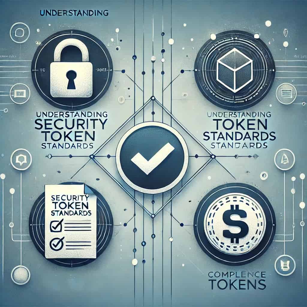 The illustration, titled Understanding Security Token Standards, is divided into four quadrants: a digital padlock in the top left, symbolizing security; a blockchain network in the top right; a document with a checkmark in the bottom left, symbolizing compliance; and a digital token or coin in the bottom right, representing a security token. The background is a subtle mix of blue and white, and the title is bold and clear.