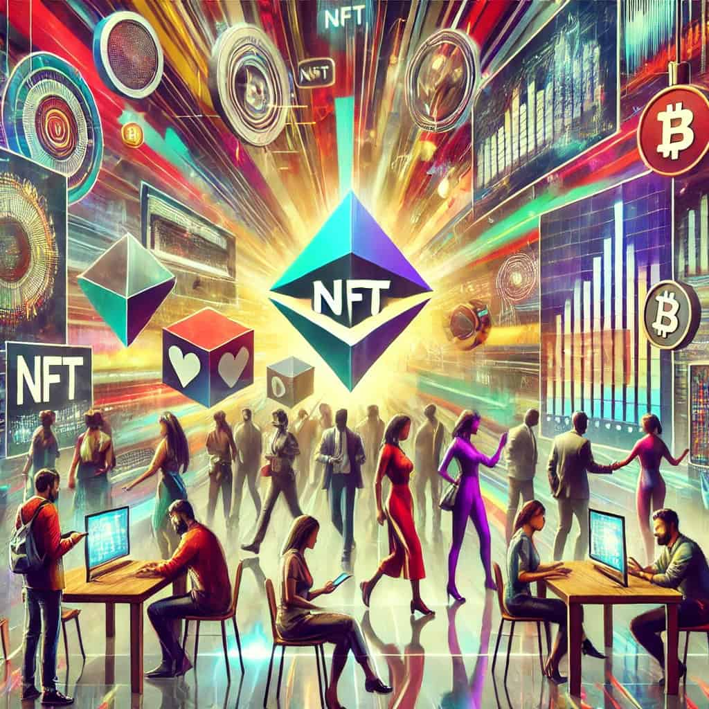 It's a vibrant digital art marketplace where people buy and sell NFTs. The scene displays contemporary digital art against a colorful, futuristic backdrop, with individuals engaging in transactions and admiring the artwork.