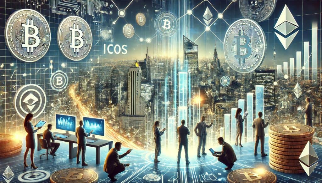 A visual representation of an initial coin offering (ICO) featuring a modern digital cityscape with skyscrapers made of circuit boards and cryptocurrency symbols such as Bitcoin, Ethereum, and other altcoins. In the foreground, a diverse group of investors hold digital coins and tokens. On a large digital screen, "Initial Coin Offering" is displayed alongside market trend graphs and charts. Background elements include interconnected blocks and nodes that symbolize blockchain technology and the decentralized nature of ICOs.