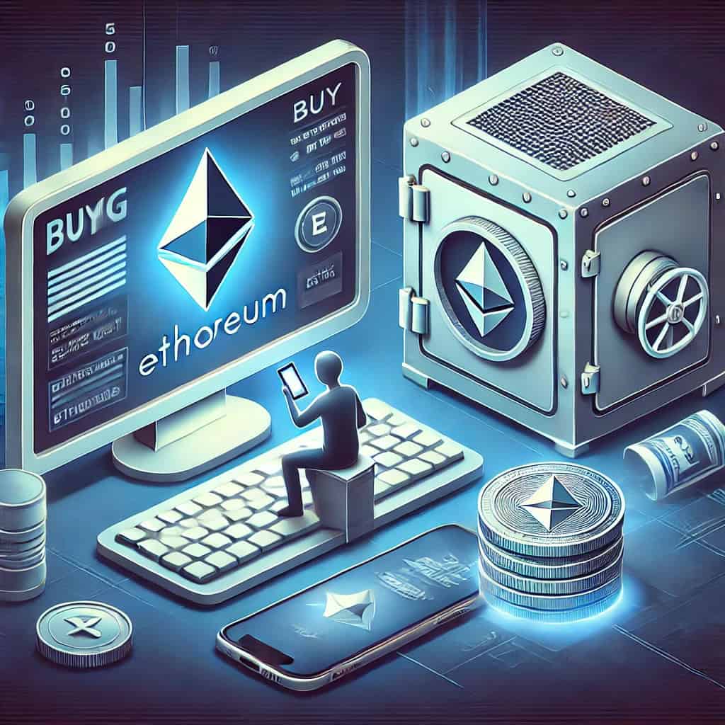 An illustration of buying and storing Ethereum. A futuristic computer screen shows the Ethereum logo with a cryptocurrency wallet. A person is using a smartphone to make a transaction, with a secure safe in the background symbolizing storage. The color scheme includes shades of blue, white, and metallic colors.