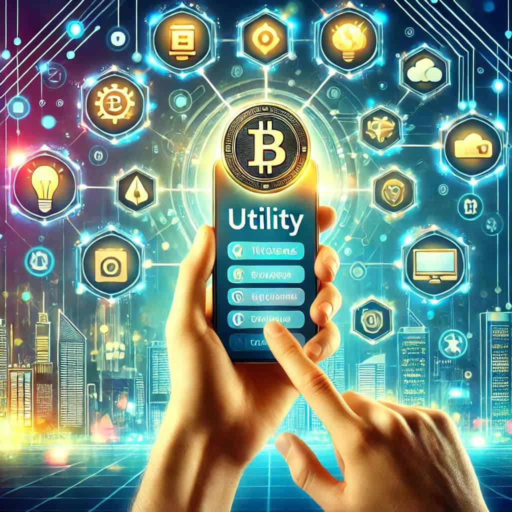 Buying and Storing Utility Tokens This vibrant illustration shows a hand holding a smartphone with a cryptocurrency wallet app open that displays various utility tokens. The icons surrounding the smartphone represent different utilities such as energy, gaming, and cloud services. The background features an ultra-modern city skyline with digital connectivity and blockchain symbols. The color palette includes bright blues, greens, and gold to give it a dynamic and secure feel.