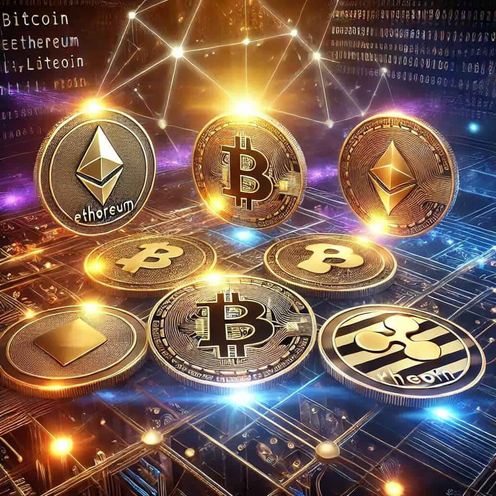 Illustration of various cryptocurrencies featuring the logos of Bitcoin, Ethereum, Ripple, and Litecoin as glowing coins floating in a futuristic digital space against a background of blockchain networks and binary code.