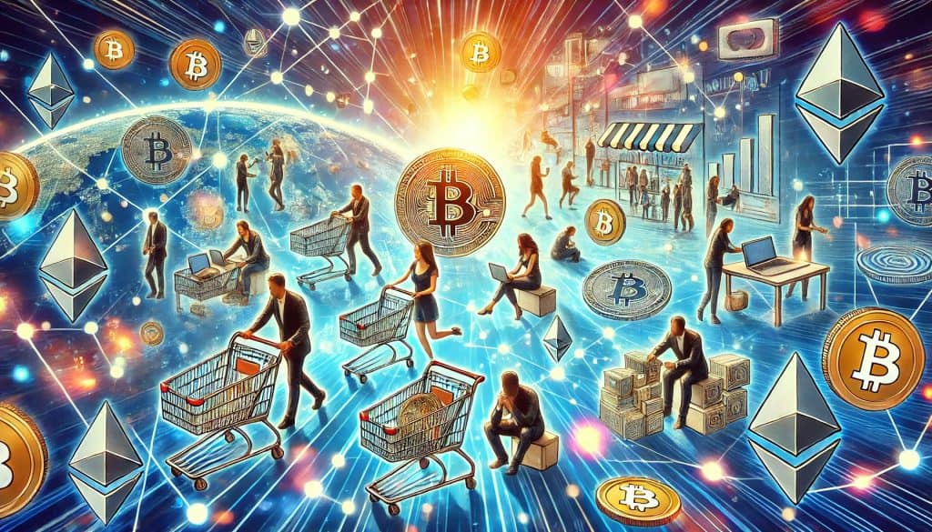 Digital illustration showing how cryptocurrencies are changing e-commerce. A diverse group of people engage in online shopping by flowing digital coins and monetary symbols such as Bitcoin and Ethereum across networks and devices. In the background is a globe with interconnected lines representing global e-commerce.