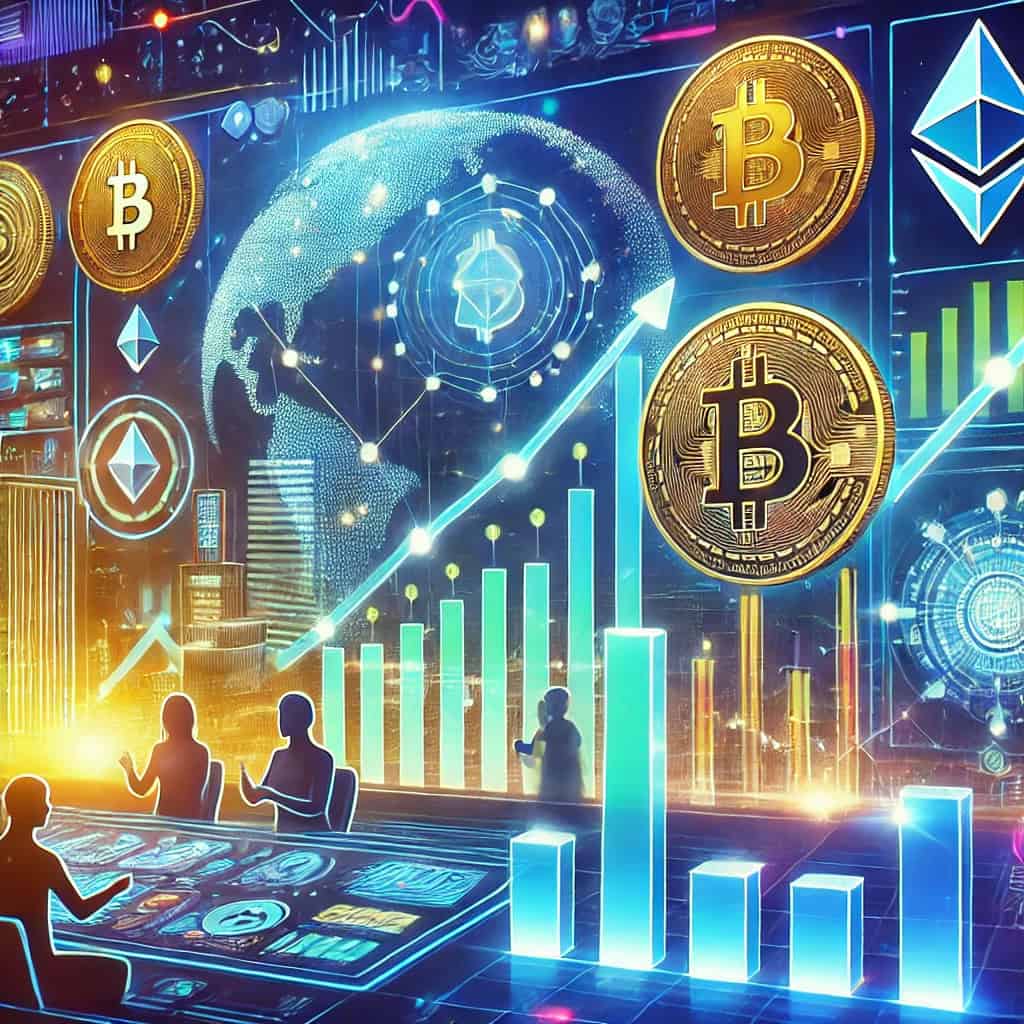 A vibrant, modern image showcasing a top cryptocurrency exchange. The scene features a slick digital interface with icons of cryptocurrencies like Bitcoin, Ethereum, and Litecoin. The background shows a high-tech cityscape with glowing neon lights, while charts and graphs indicate an upward trend. People are interacting with the interface, smiling and engaging in transactions. The color scheme includes blue, green, and gold to symbolize trust, wealth, and innovation.