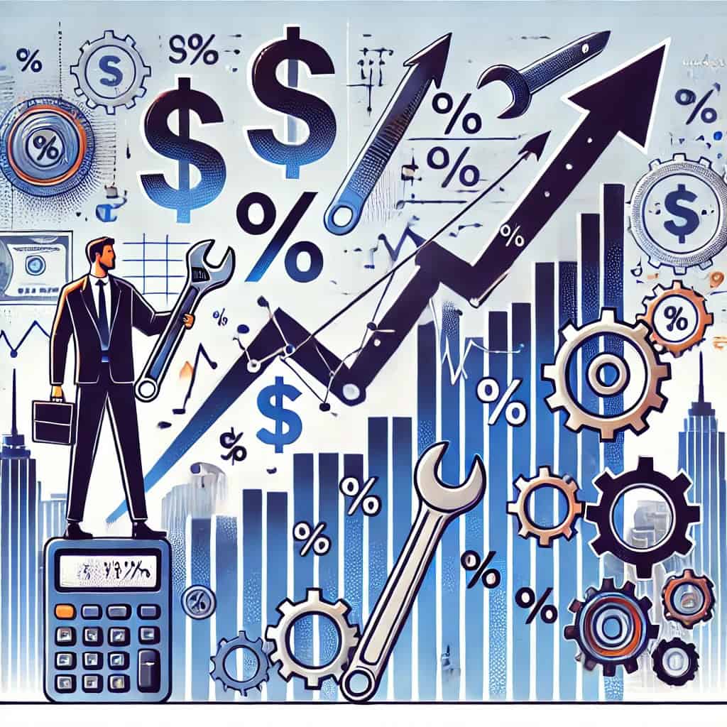 It shows a businessman managing inflation, standing in front of a large, fluctuating graph with arrows going up and down. The person holds tools such as a wrench and a calculator, symbolizing control and measurement. Visual elements include dollar signs, percentage signs, and gears against a backdrop of a city skyline, representing a wide range of economic effects