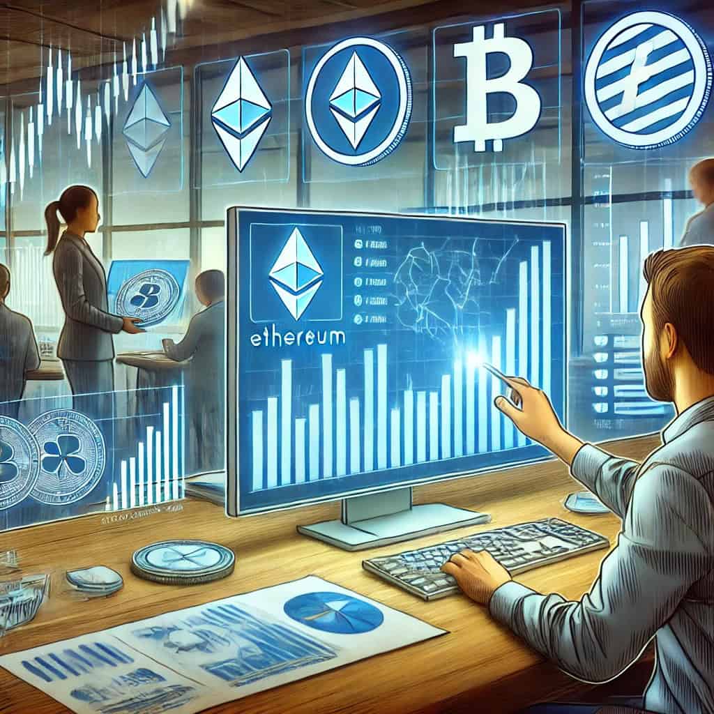 A person or group analyzing financial charts, graphs, and data on a computer screen with symbols of various altcoins such as Ethereum, Ripple, and Litecoin in the background. The setting is a modern office environment, conveying strategic planning and financial analysis.