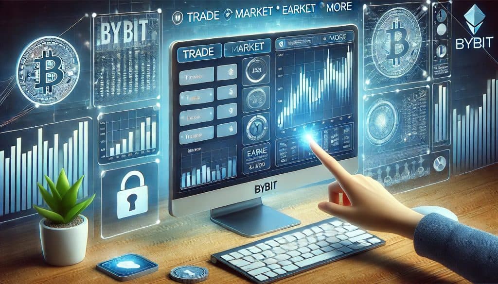 Digital scene of a computer screen displaying the Bybit dashboard with a cryptocurrency trading chart and a navigation menu featuring options such as 'Trade', 'Market', 'Earn', 'More', 'More', ''', etc. The user's cursor hovers over one of the options in a blue and white color scheme reflecting Bybit's branding, with background elements including digital charts, cryptocurrency icons, and the security paddle lock symbol.