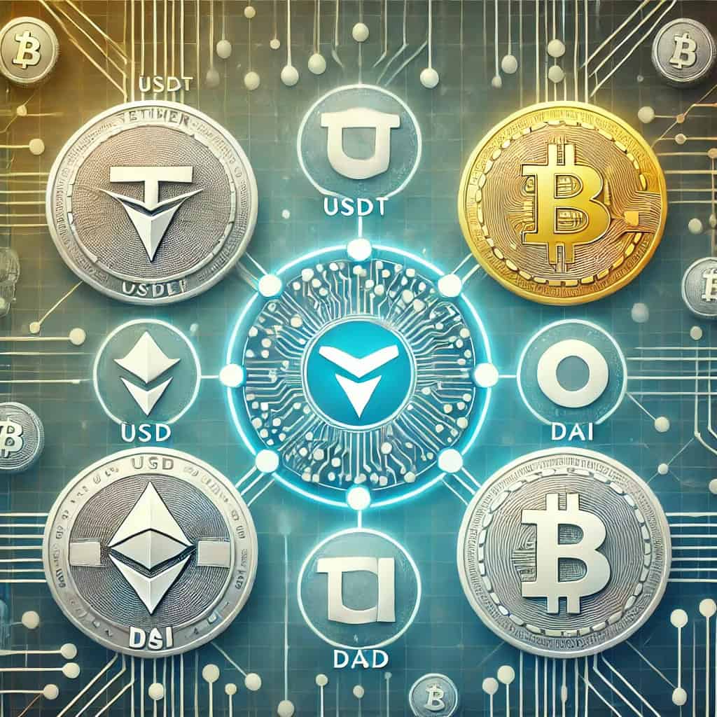 Overview of stablecoins, including Tether (USDT), USD Coin (USDC), Binance (BUSD), Dai (DAI), and Tera (UST). Each coin is represented by a logo and symbol arranged in a circle. The background features a network of interconnected nodes and lines representing blockchain technology. The design uses a modern, tech-inspired color scheme with shades of blue, silver, and green.