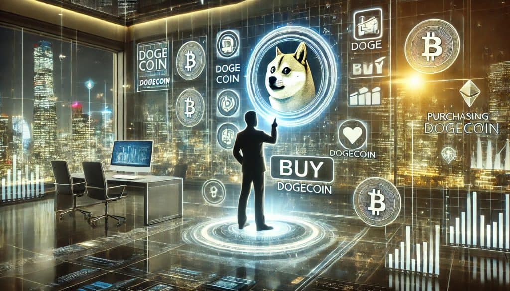 A person purchasing Dogecoin on a high-tech device in a sleek, futuristic environment. The scene includes digital screens, holographic displays, and cityscapes seen through large windows, reflecting the ease of purchasing Dogecoin in the future.