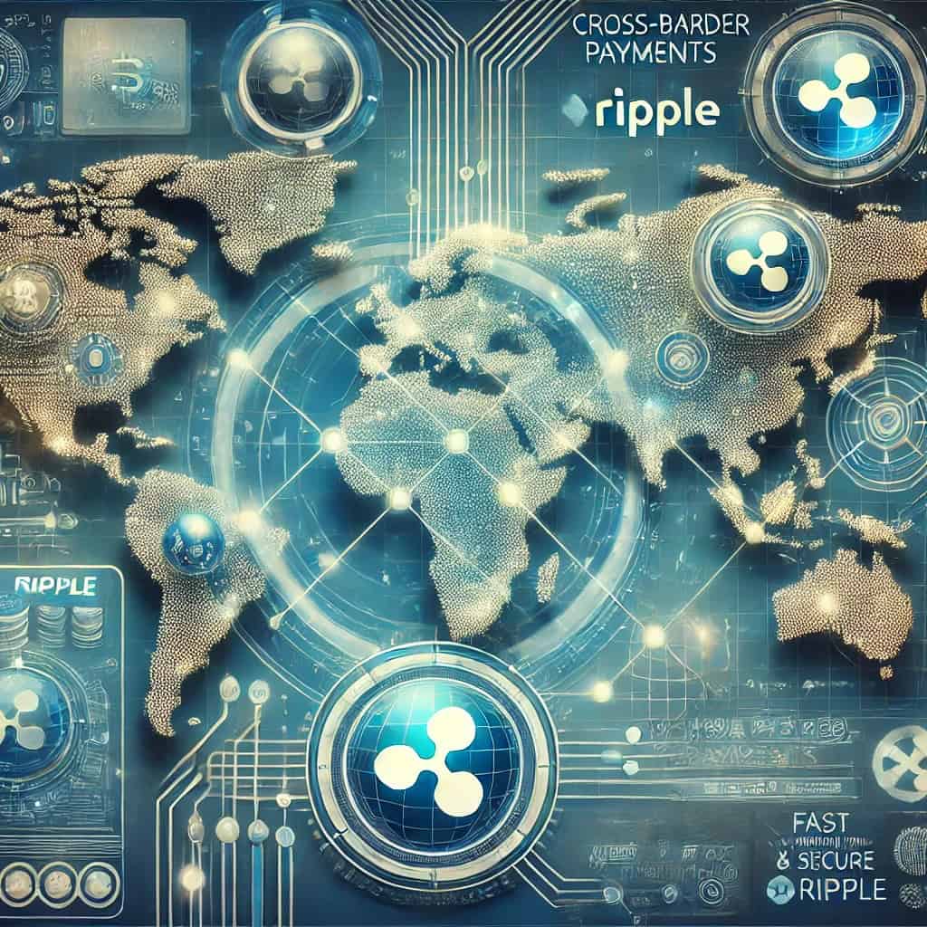 Ripple로 국경 간 결제를 상세하게 시각적으로 표현하여 국가 간 디지털 연결이 있는 세계 지도, Ripple 로고, 다양한 통화 기호, 보안 거래 요소, 디지털 지갑, 글로벌 연결성과 금융 혁신을 강조하는 현대적인 배경을 보여줍니다.