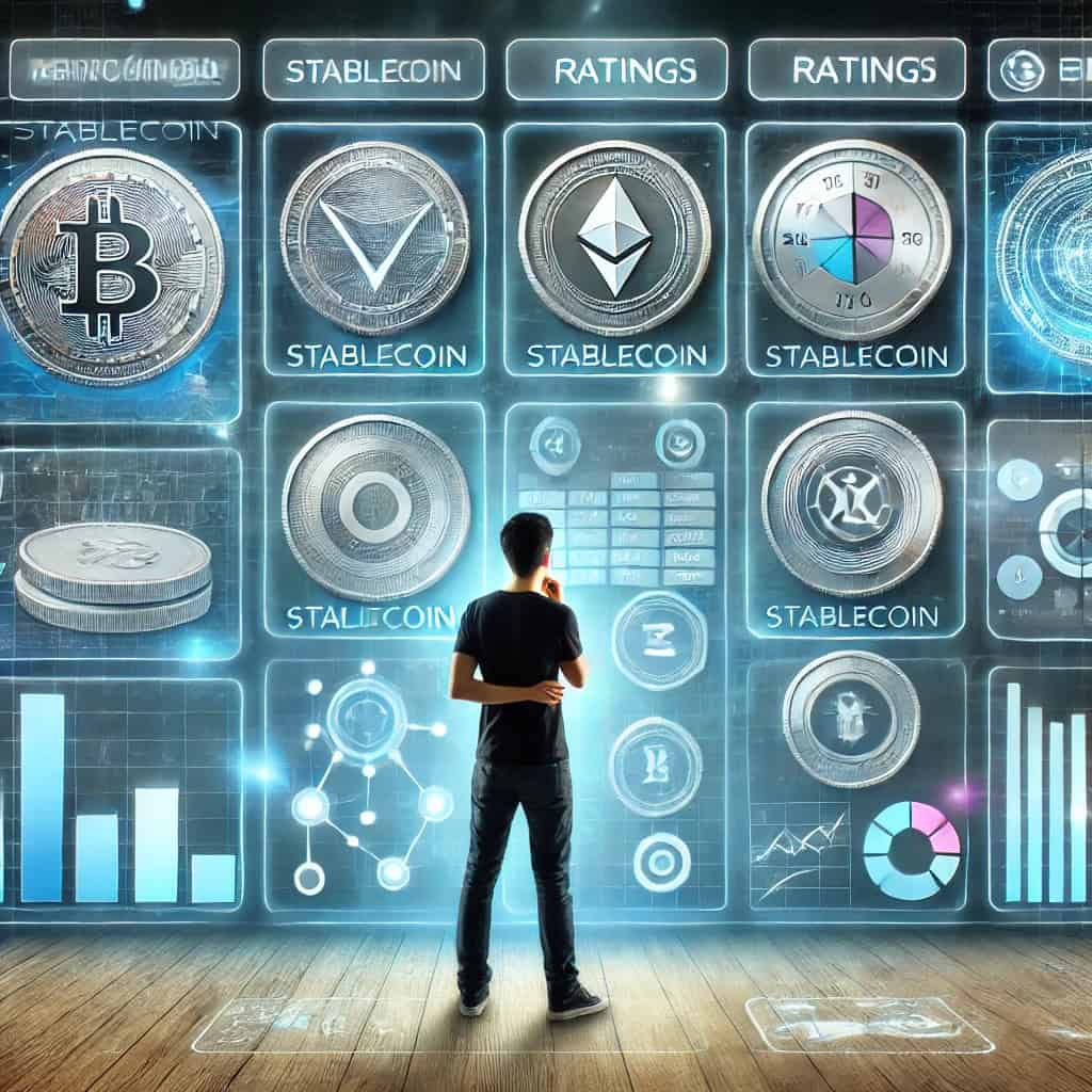 Someone who carefully analyzes data on a high-tech digital interface with a holographic screen, comparing various stablecoins using charts, graphs, and ratings against a futuristic backdrop of blue and silver.