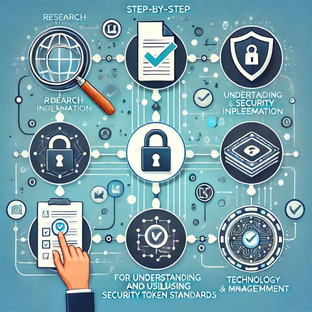 The figure titled "Step-by-step instructions for understanding and utilizing the Security Token Standard" is a flowchart with five steps. The icons represent each step: A magnifying glass for research, a document with checkmarks for compliance, a digital paddle lock for security implementation, a blockchain network for technology integration, and a hand holding a token for issuance and management. The background features a pale blue to white gradient, with connecting lines and arrows showing flow. The title is bold and centered at the top.