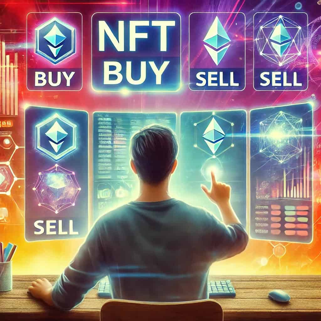 A person interacting with a digital screen to buy and sell NFTs. The screen displays a variety of NFTs labeled 'buy' and 'sell' against the backdrop of a modern digital marketplace. The individual appears focused and excited, indicating the dynamic nature of NFT trading.