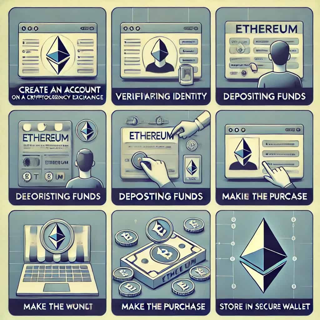 A digital illustration of a step-by-step guide to buying Ethereum. The image is divided into multiple panels showing the various steps involved in creating an account on a cryptocurrency exchange, verifying your identity, depositing funds, selecting Ethereum, making a purchase, and storing Ethereum in a secure wallet. Each panel displays text and clean graphics in a modern, tech-focused color scheme of blue, white, and gray.