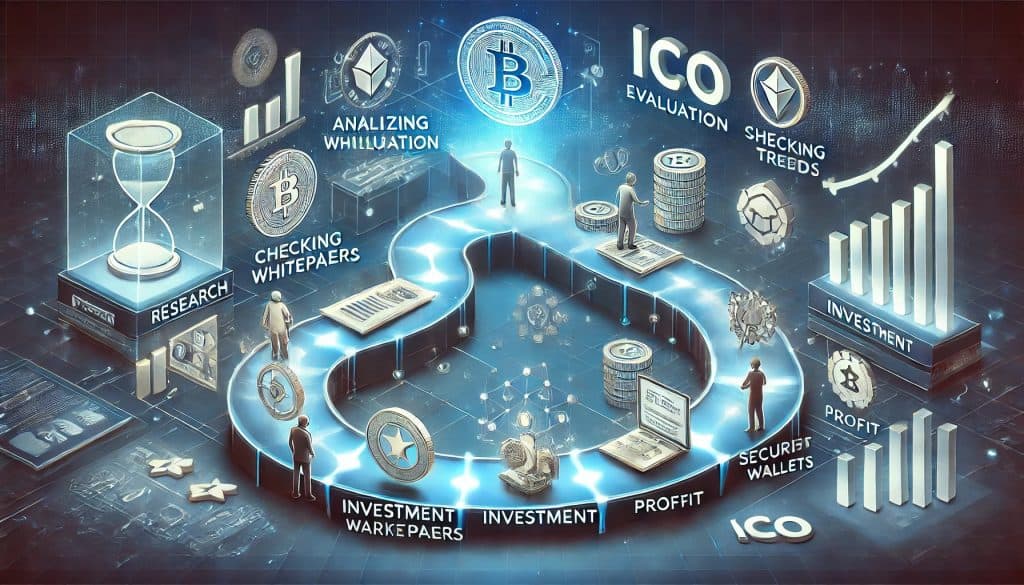 A visual representation of navigating the ICO investment process, featuring a path or roadmap with steps such as research, evaluation, investment, and return. Icons represent steps such as analyzing the whitepaper, verifying team credentials, monitoring market trends, and obtaining a digital wallet. Investors engage with a holographic screen that displays charts and data. The background contains interconnected blockchain elements and cryptocurrency symbols, emphasizing the digital and decentralized nature of ICOs.