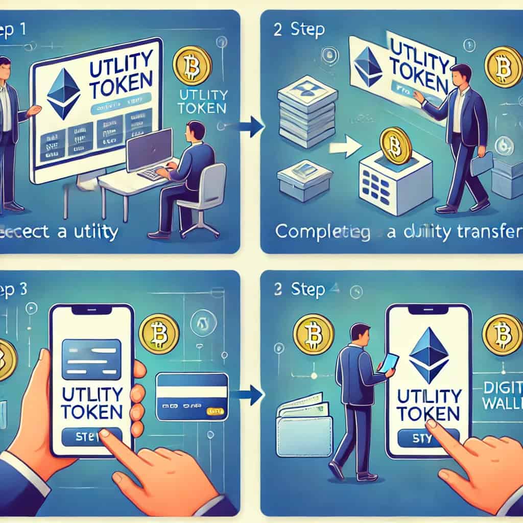 Step-by-step instructions for buying and storing utility tokens: A digital illustration divided into four panels. Panel 1 shows a person selecting a utility token on a cryptocurrency exchange website. Panel 2 shows a person completing the purchase with a credit card or bank transfer. Panel 3 shows the process of transferring the tokens to a digital wallet, demonstrating a secure transaction. Panel 4 shows a person checking their digital wallet on their smartphone. Each panel contains icons and labels and has a modern, bright color palette.