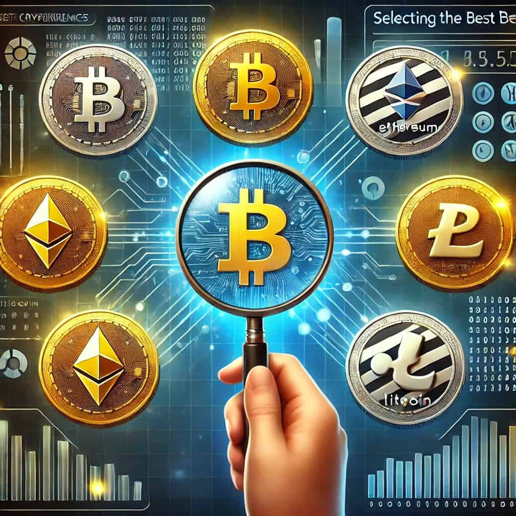 The image titled "Top Cryptocurrencies" shows a person holding a magnifying glass and looking at cryptocurrency logos such as Bitcoin, Ethereum, Ripple, and Litecoin against a high-tech background with digital charts and graphs.