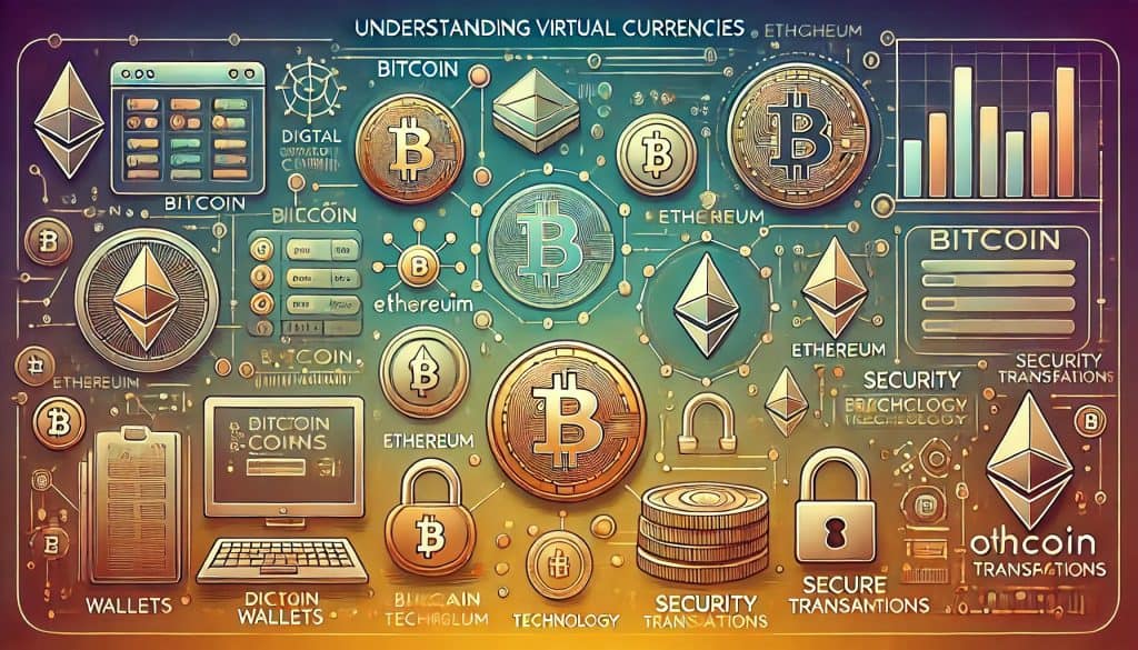 An informative illustration titled "Understanding Virtual Currencies" featuring digital coins like Bitcoin and Ethereum, blockchain technology, secure transactions, online wallets, network connections, and more. The modern, tech-inspired background has a gradient color scheme with labeled elements.