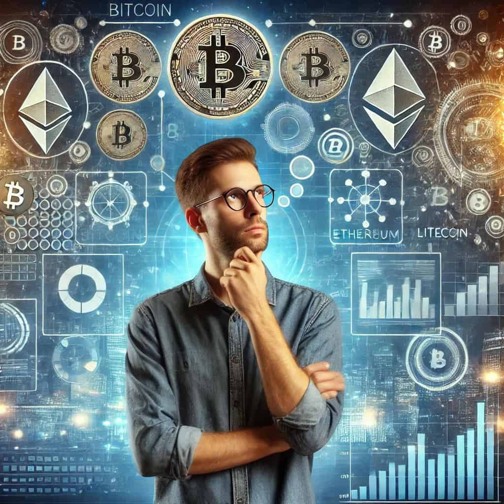 A man with a contemplative expression stands in front of a digital background filled with cryptocurrency icons such as Bitcoin, Ethereum, and Litecoin. Above his head, thought bubbles show images of cryptocurrency exchange interfaces, graphs, and charts. The background mixes financial market themes with futuristic elements, using blue and gold colors to represent trust and wealth.