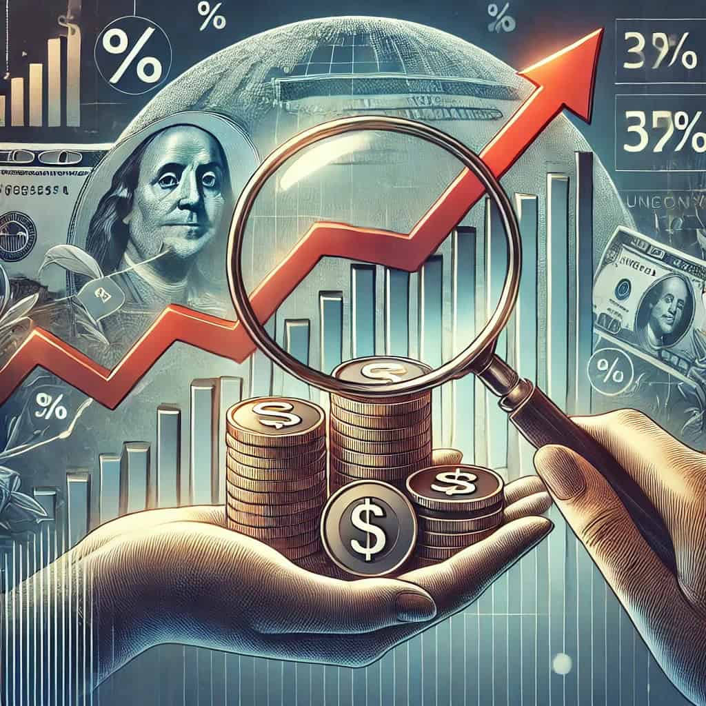 An illustration that represents the concept of understanding inflation. The magnifying glass focuses on a stack of coins symbolizing scrutiny and growth, and an ascending graph. Additional elements include price tags, percentage marks, and dollar bills with subtle market or world backgrounds to represent the global impact of inflation.