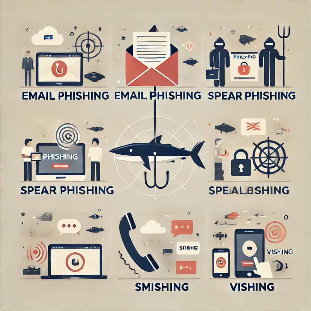 An informational image depicting different types of phishing attacks. The image is divided into sections, each representing a specific type: Email phishing with an email and hook icon, spear phishing, whaling, smishing with a cell phone icon, and smishing with a cell phone icon. The layout is clear and organized with a neutral background.