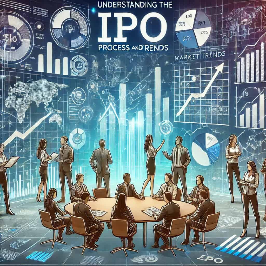 This is an example of a square where a diverse group of individuals, including investors and analysts, are discussing and analyzing charts and graphs about the IPO process and market trends. On the large screen, the words "Understanding the IPO process and market trends" are displayed in bold. The background is a modern office or financial district with elements representing technology and innovation, conveying a sense of learning and analysis.