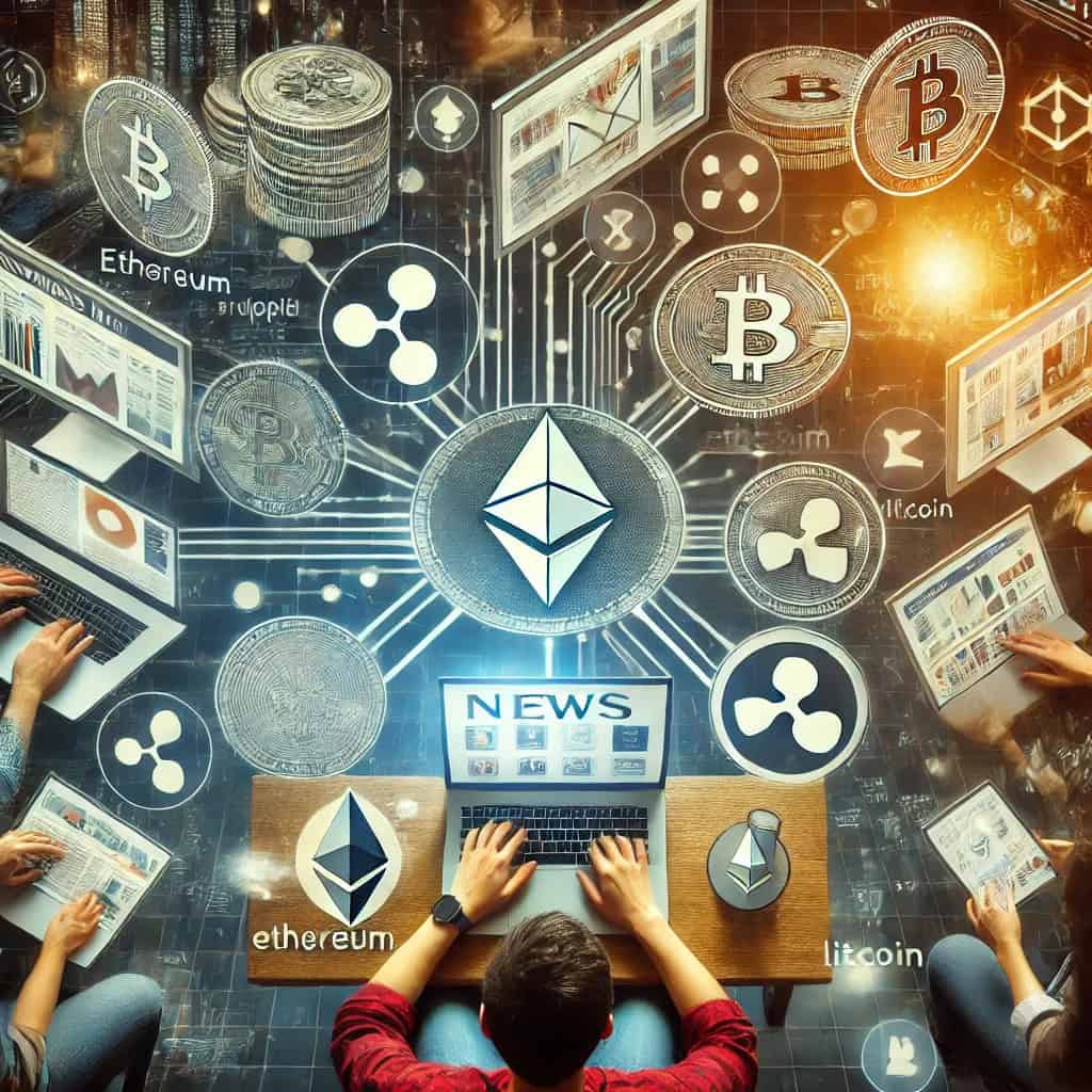 A person or group of people who use multiple screens to stay informed about altcoins. They read news articles, check social media, and analyze real-time data. The setting is a dynamic, modern digital environment where altcoin symbols like Ethereum, Ripple, and Litecoin are visible on screens.