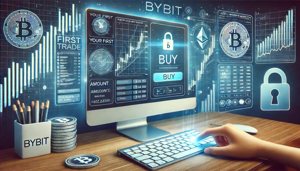 A digital scene of a user making their first trade on the Bybit platform, showing a computer screen with the Bybit trading interface, charts, and a trade form filled with cryptocurrency details. The user's hand clicks the 'Buy' button with background elements including digital charts, cryptocurrency icons, and the security paddle lock symbol in a modern, blue, and white color scheme that reflects Bybit's branding