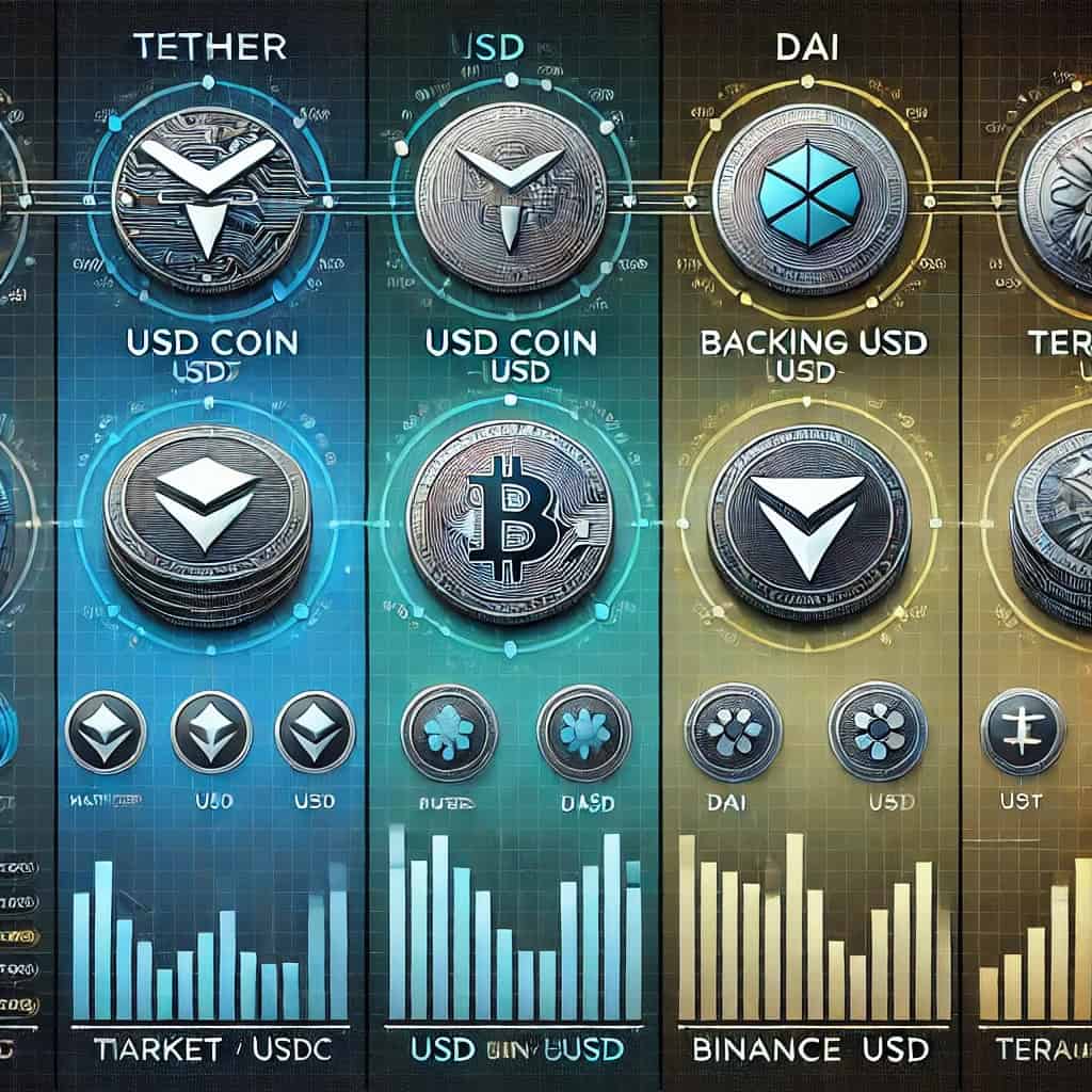 Comparative analysis of stablecoins such as Tether (USDT), USD Coin (USDC), Binance (BUSD), Dai (DAI), and Terra (TerraUSD). Each stablecoin is represented by a logo and symbol, and its data and key metrics such as market capitalization, backing assets, and stability mechanisms are displayed in a well-organized chart format. The background has a modern, tech-inspired design with shades of blue, silver, and green, providing a clear and informative view of the differences and similarities between stablecoins.