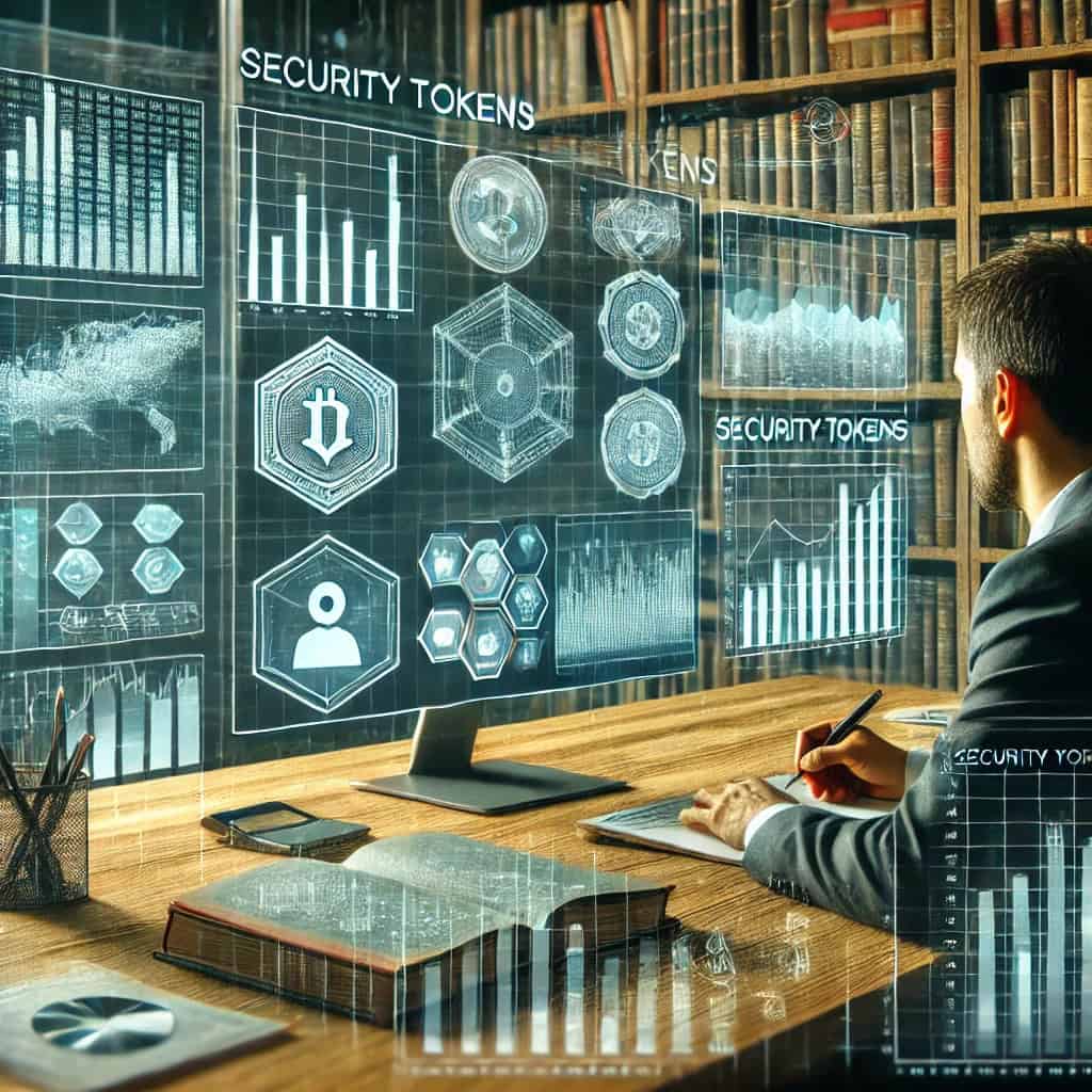 A detailed analysis scene featuring multiple monitors displaying security token data, an expert taking notes, and a bookshelf emphasizing thorough research.