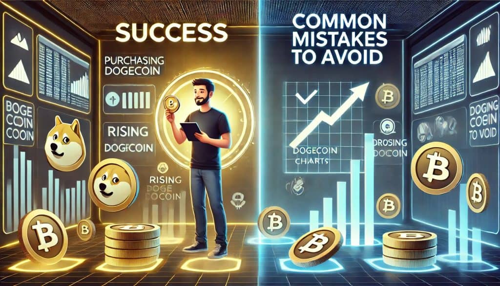 A split-screen image showing "success" on the left, with a person confidently buying Dogecoin, and "common mistakes to avoid" on the right, with a frustrated person facing warning signs and error messages. Both scenes are set in a futuristic environment with digital screens and holographic displays.