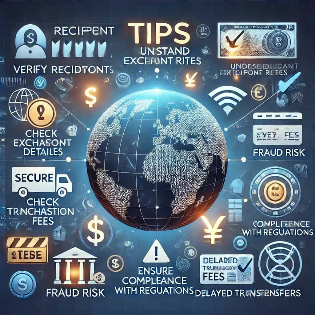 An informative visual representation of tips and general warnings for successful cross-border payments, featuring a checklist with top tips, warning symbols for potential pitfalls, a globe with digital connections, a secure transaction interface, and global currency exchange elements.