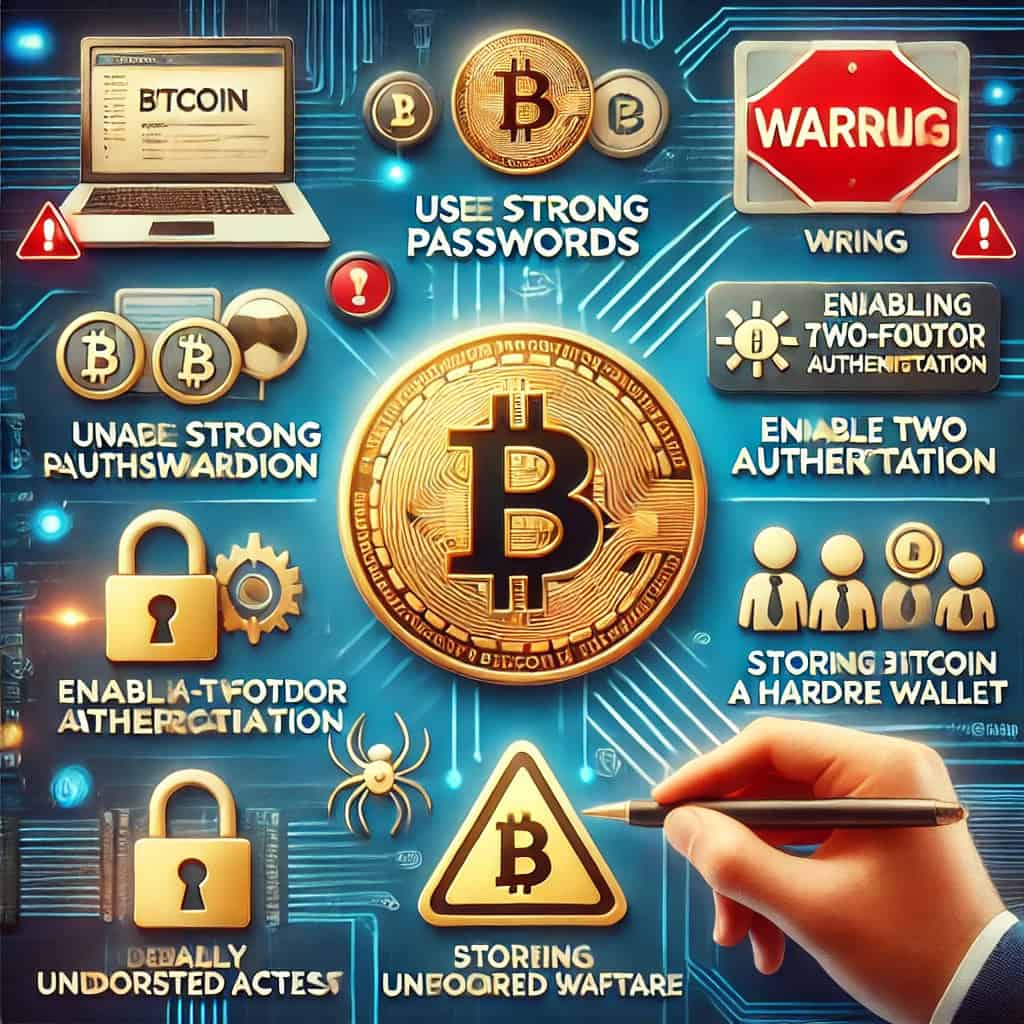 An illustration with a checklist featuring icons for essential Bitcoin security tips, such as using strong passwords, enabling two-factor authentication, storing Bitcoin in a hardware wallet, and regularly updating software. Warning icons highlight common threats such as phishing attacks, malware, and unauthorized access. The background has a digital high-tech theme that uses blue and gold tones for security and value and a red accent for warnings.