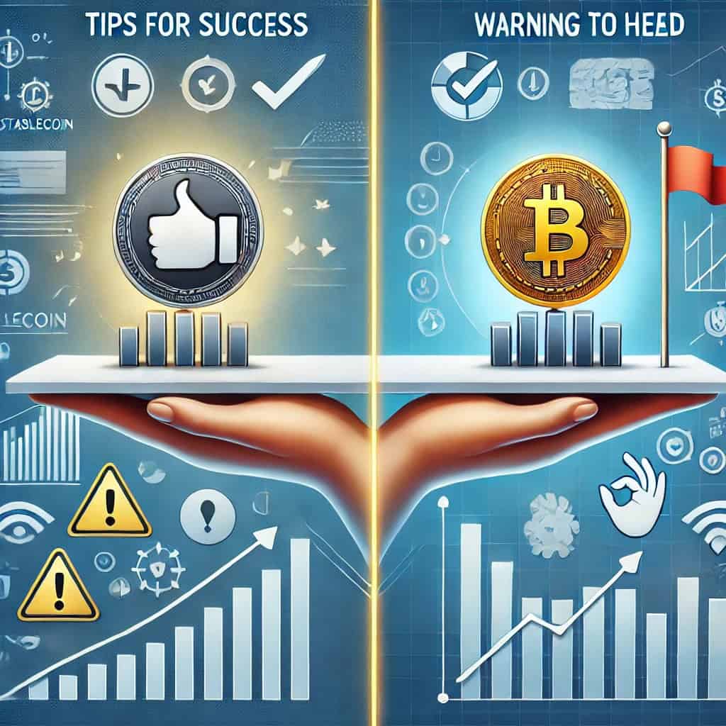 A split scene showing a rising and falling stablecoin with positive symbols such as a thumbs up and a growth chart on the left, and "Tips for Success" with a cautionary sign on the right, against a modern tech-themed background in blue and silver.