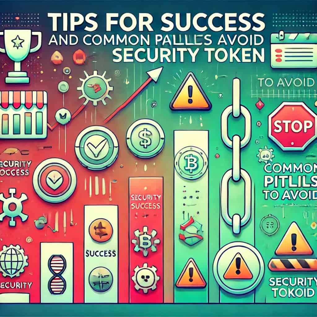 The illustration titled 'Tips for success and common pitfalls in security tokens' is divided into two sections: the left section shows 'Tips for success' with icons of trophies, checklists, and a rising graph. The right section shows 'Common pitfalls to avoid' with icons of a warning sign, a broken chain, and a downward graph. The background has a green to red gradient to indicate positive and negative aspects. The title is bold and centered at the top.