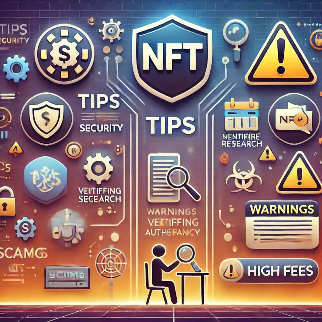 An informative split-screen image showing tips and warnings for trading NFTs. The 'Tips' section includes icons such as a shield for security, a magnifying glass for research, and a checklist for authenticity. The 'Warnings' section includes icons for caution signs, exclamation points, scams, and high fees, all set against a digital modern background with bright colors and a clean design.