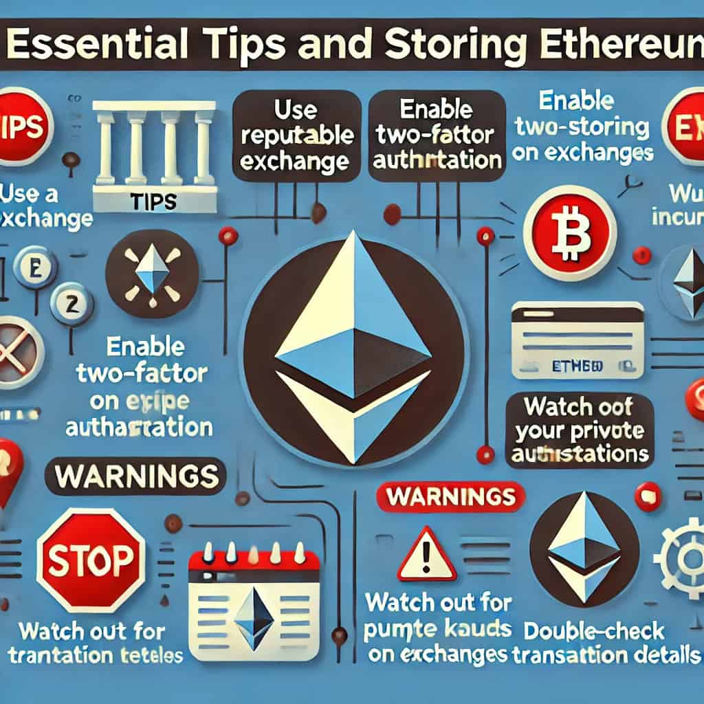 This image is divided into two sections: Advice and Warnings. The Advice section features icons and text for advice, such as using a reputable exchange, enabling two-factor authentication, diversifying your investments, and keeping your private keys secure. The Warnings section includes icon and text warnings about phishing scams, avoiding storing large amounts on exchanges, planning pump-and-dumps, and double-checking transaction details. The design uses a technology-focused color scheme with shades of blue, red, and white.