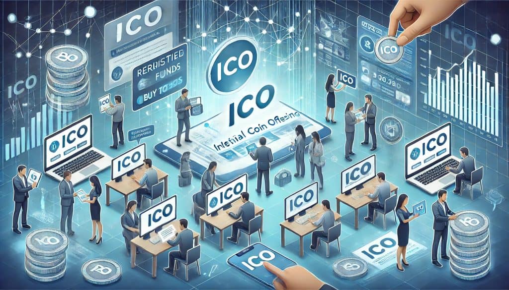 A visual representation of participating in an ICO, showing investors actively engaged in the process using digital devices to purchase tokens. The scene includes a digital interface that displays the progress of the ICO, a countdown timer, and a graph of the token sale. Investors from a variety of backgrounds verify their identity, transfer funds, and receive digital tokens in their wallets. In the background, blockchain technology is revealed with interconnected blocks and nodes, symbolizing the decentralized nature of the ICO.