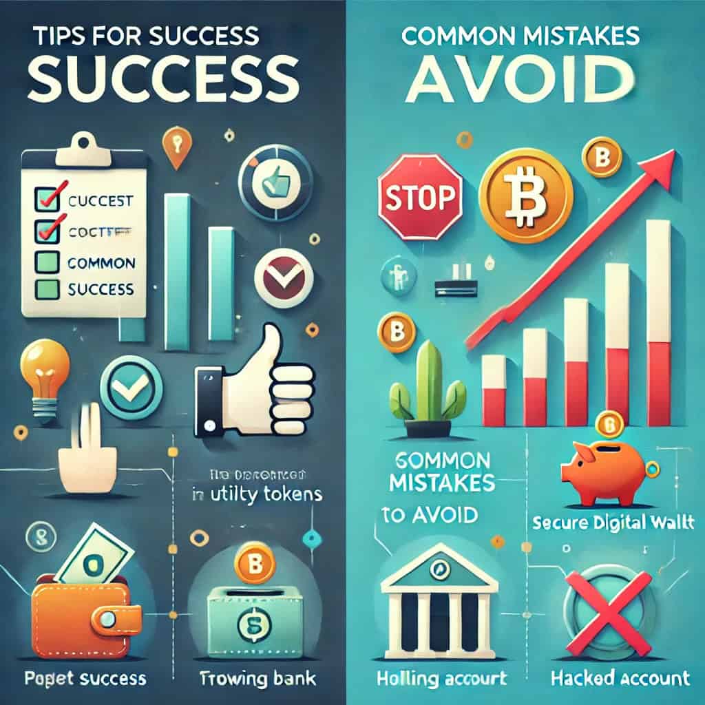 Tips for Utility Token Success and Common Mistakes: A digital illustration divided into two halves. The left half features "Tips for Success" with positive icons such as checklists, thumbs up, growth graphs, and secure digital wallets. The right half shows "Common mistakes to avoid" with negative icons like a red cross, a broken piggy bank, a falling graph, and a hacked account. Each half uses a bright color palette of blue, green, gold, and red and includes simple text labels for clarity.