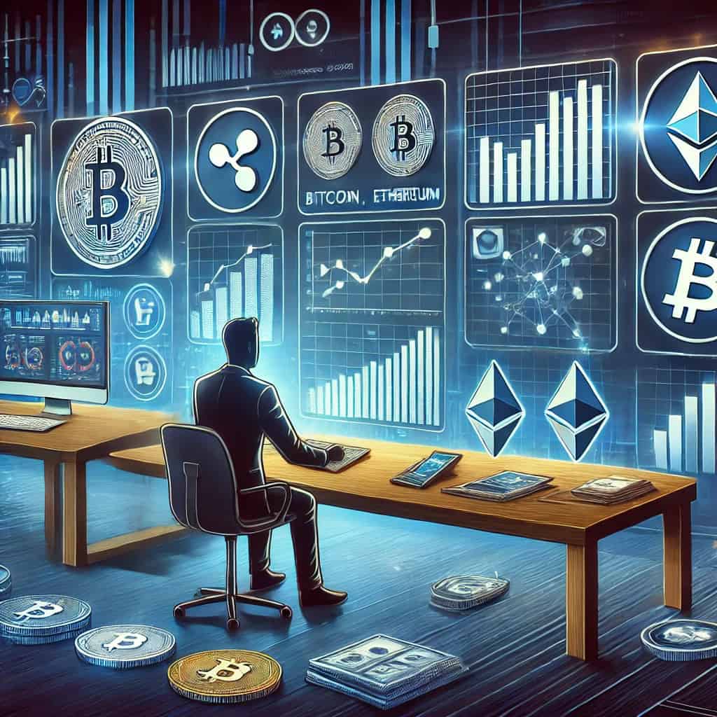 'Cryptocurrency investment strategy' illustration depicting a person analyzing data from multiple screens showing charts, graphs, cryptocurrency logos, etc. for Bitcoin, Ethereum, Ripple, Litecoin, etc. in a modern high-tech office setting.