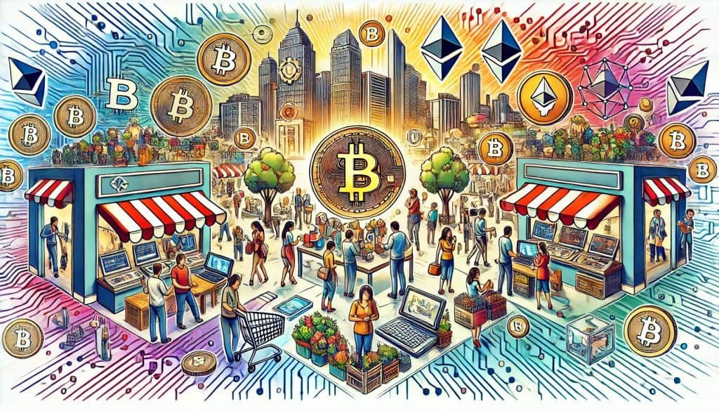 A vibrant illustration titled "Successful Integration of Virtual Currencies" depicts a bustling marketplace where people are using digital wallets and smartphones to make purchases. Prominent digital currency symbols such as Bitcoin and Ethereum are visible. The background shows a modern cityscape with interconnected lines representing digital networks